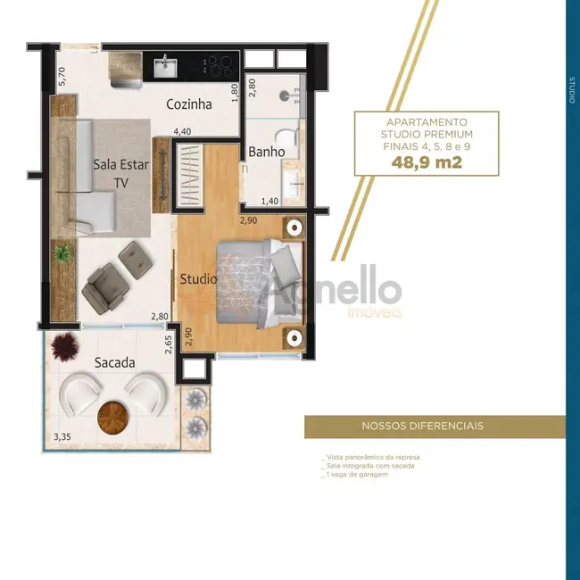 Apartamento com 1 quarto à venda, 49m2 em Rifaina - SP - imagem 3 Foto 3 de Apartamento com 1 quarto à venda, 49m2 em Rifaina - SP