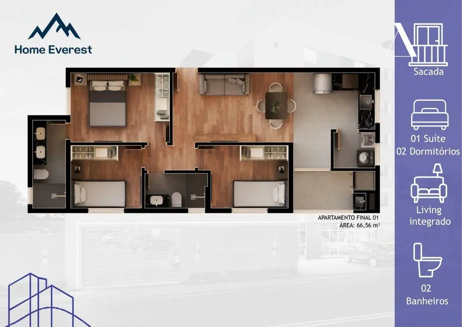 Foto 4 de Apartamento com 2 quartos à venda, 45m2 em Fátima, Joinville - SC