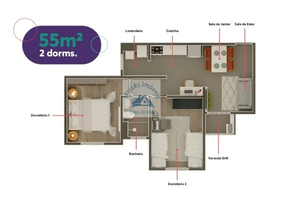 Foto 2 de Apartamento com 2 quartos à venda, 55m2 em Loteamento Jardim Sol Nascente, Jacarei - SP
