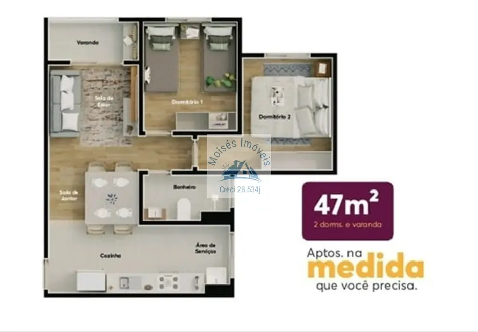 Foto 2 de Apartamento com 2 quartos à venda, 47m2 em Loteamento Jardim Sol Nascente, Jacarei - SP