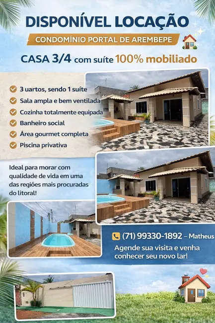 Foto 1 de Casa com 3 quartos para alugar, 11m2 em Camacari - BA
