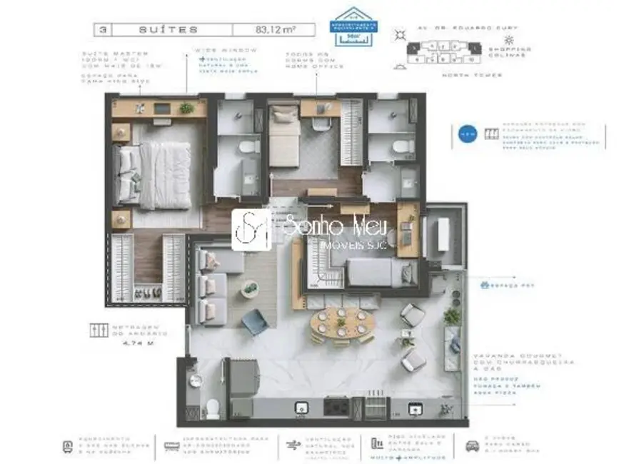Foto 2 de Apartamento com 3 quartos à venda, 83m2 em Sao Jose Dos Campos - SP