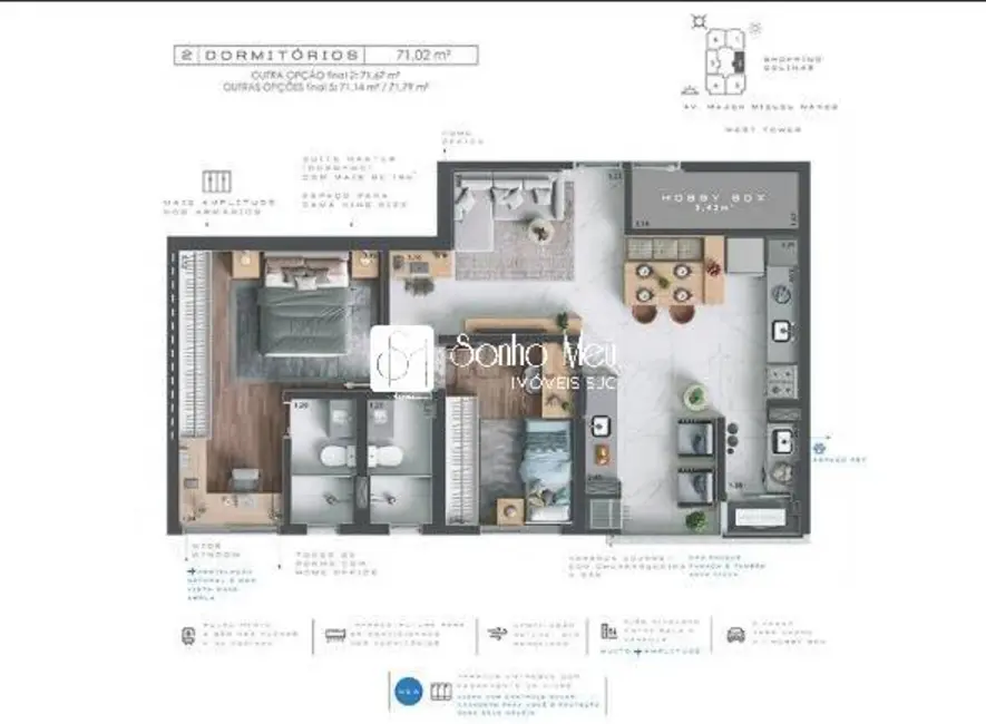 Foto 2 de Apartamento com 2 quartos à venda, 71m2 em Sao Jose Dos Campos - SP