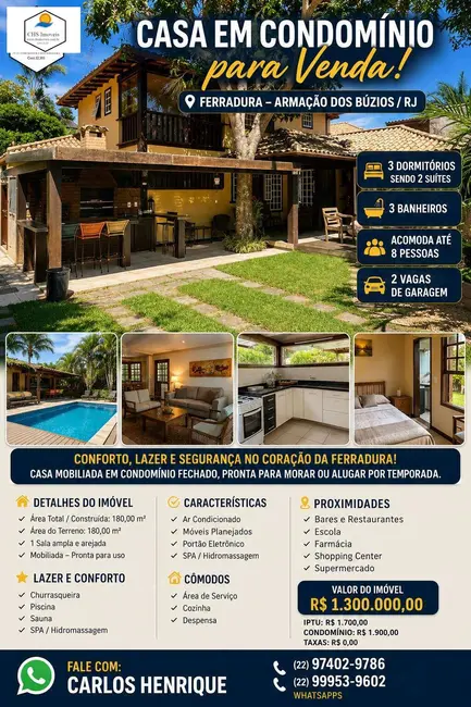 Foto 1 de Casa de Condomínio com 3 quartos à venda, 190m2 em Armacao Dos Buzios - RJ