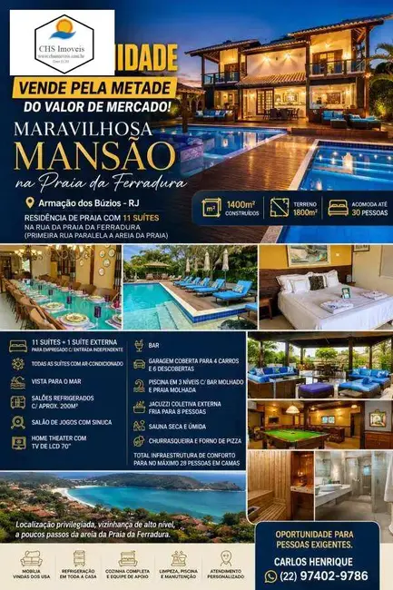 Foto 1 de Casa com 11 quartos à venda, 1800m2 em Armacao Dos Buzios - RJ