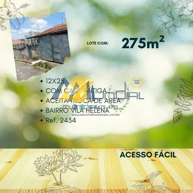 Foto 1 de Terreno / Lote à venda, 275m2 em Vila Helena, Santo Andre - SP