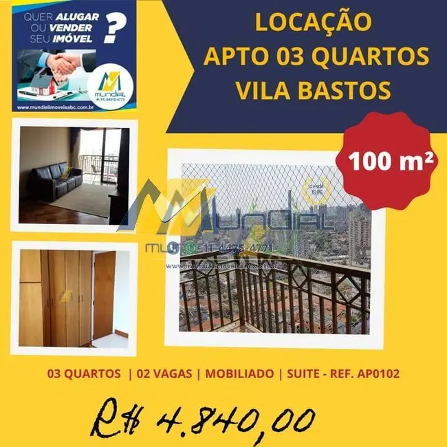 Apartamento com 3 quartos para alugar, 100m2 em Vila Bastos, Santo Andre - SP - imagem 1 Foto 1 de Apartamento com 3 quartos para alugar, 100m2 em Vila Bastos, Santo Andre - SP