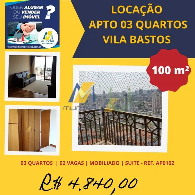 Foto 1 de Apartamento com 3 quartos para alugar, 100m2 em Vila Bastos, Santo Andre - SP