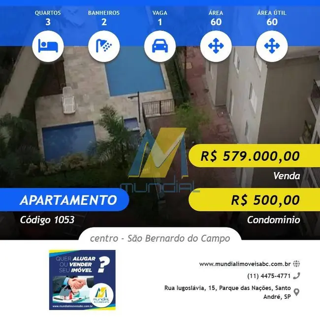 Foto 1 de Apartamento com 3 quartos à venda, 60m2 em Centro, Sao Bernardo Do Campo - SP