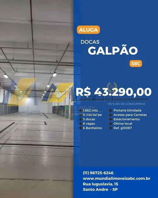 Armazém / Galpão para alugar, 1662m2 em Rudge Ramos, Sao Bernardo Do Campo - SP - imagem 1 Foto 1 de Armazém / Galpão para alugar, 1662m2 em Rudge Ramos, Sao Bernardo Do Campo - SP