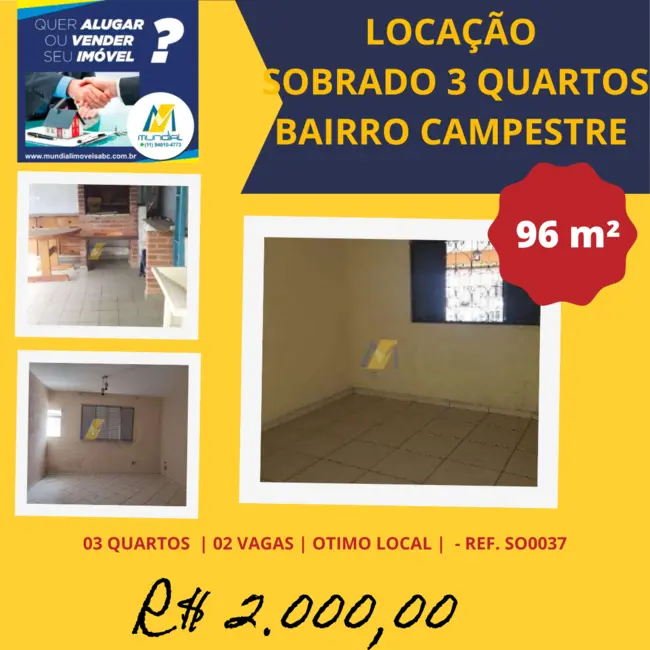 Sobrado com 3 quartos para alugar, 96m2 em Parque Novo Oratório, Santo Andre - SP - imagem 1 Foto 1 de Sobrado com 3 quartos para alugar, 96m2 em Parque Novo Oratório, Santo Andre - SP