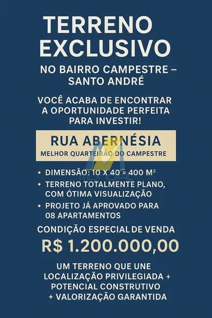 Foto 1 de Terreno / Lote à venda, 400m2 em Santa Maria, Santo Andre - SP