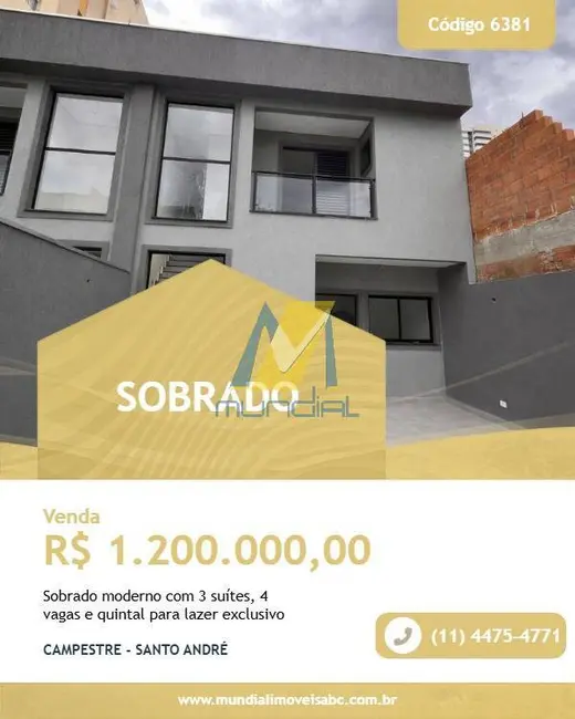 Foto 1 de Sobrado com 3 quartos à venda, 110m2 em Campestre, Santo Andre - SP