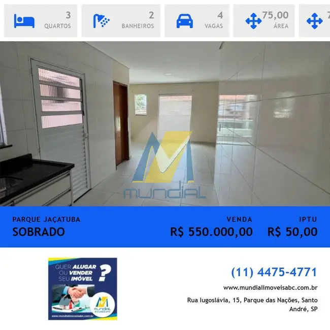 Sobrado com 3 quartos à venda, 75m2 em Parque Jaçatuba, Santo Andre - SP - imagem 1 Foto 1 de Sobrado com 3 quartos à venda, 75m2 em Parque Jaçatuba, Santo Andre - SP