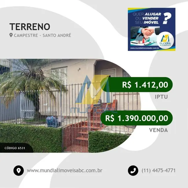 Foto 1 de Terreno / Lote à venda, 250m2 em Campestre, Santo Andre - SP