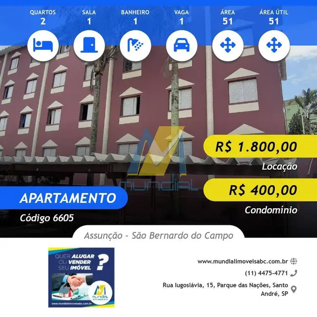 Foto 1 de Apartamento com 2 quartos para alugar, 51m2 em Assunção, Sao Bernardo Do Campo - SP