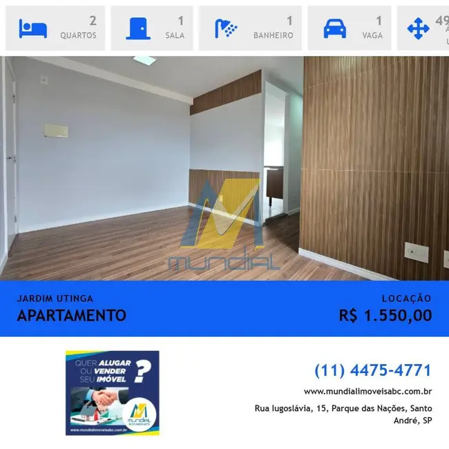 Apartamento com 2 quartos para alugar, 49m2 em Jardim Utinga, Santo Andre - SP - imagem 1 Foto 1 de Apartamento com 2 quartos para alugar, 49m2 em Jardim Utinga, Santo Andre - SP