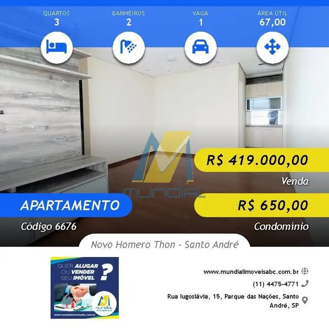 Foto 1 de Apartamento com 3 quartos à venda, 67m2 em Santo Andre - SP