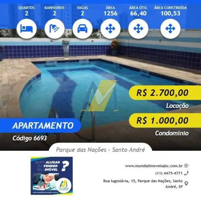 Apartamento com 2 quartos para alugar, 66m2 em Parque das Nações, Santo Andre - SP - imagem 1 Foto 1 de Apartamento com 2 quartos para alugar, 66m2 em Parque das Nações, Santo Andre - SP