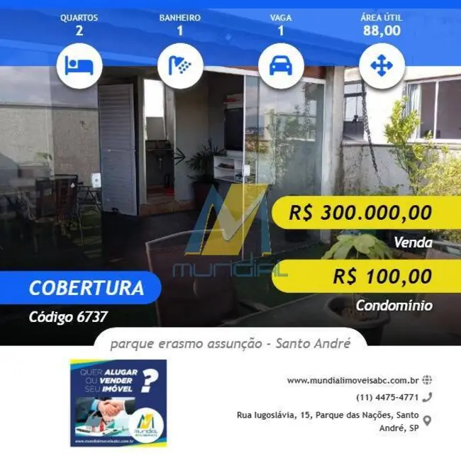 Foto 1 de Cobertura com 2 quartos à venda, 88m2 em Parque Erasmo Assunção, Santo Andre - SP