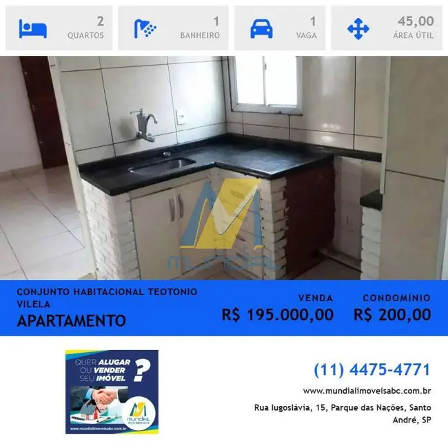 Apartamento com 2 quartos à venda, 45m2 em Conjunto Habitacional Teotonio Vilela, São Paulo - SP - imagem 1 Foto 1 de Apartamento com 2 quartos à venda, 45m2 em Conjunto Habitacional Teotonio Vilela, São Paulo - SP