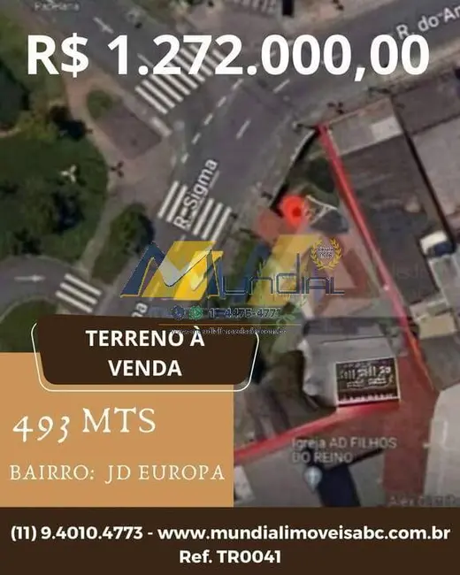 Foto 1 de Terreno / Lote à venda, 493m2 em Jardim Europa, Santo Andre - SP