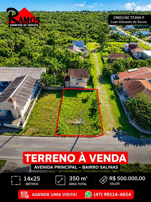 Foto 1 de Terreno / Lote à venda, 350m2 em Balneario Barra Do Sul - SC