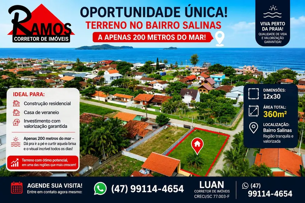 Foto 1 de Terreno / Lote à venda, 360m2 em Balneario Barra Do Sul - SC