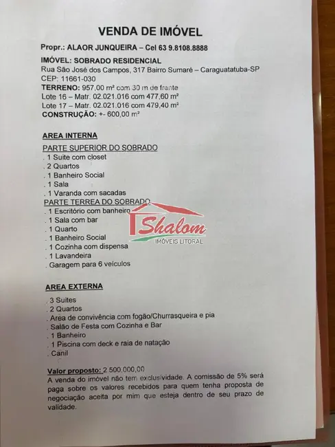 Foto 9 de Sobrado com 8 quartos à venda, 600m2 em Sumaré, Caraguatatuba - SP