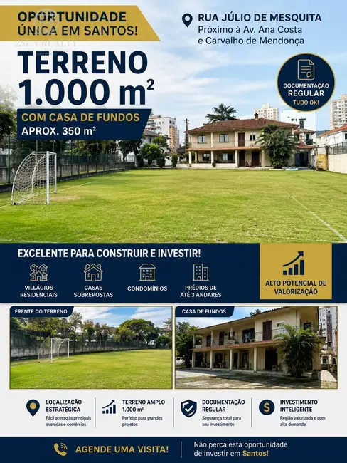 Terreno / Lote à venda, 1000m2 em Vila Mathias, Santos - SP - imagem 1 Foto 1 de Terreno / Lote à venda, 1000m2 em Vila Mathias, Santos - SP