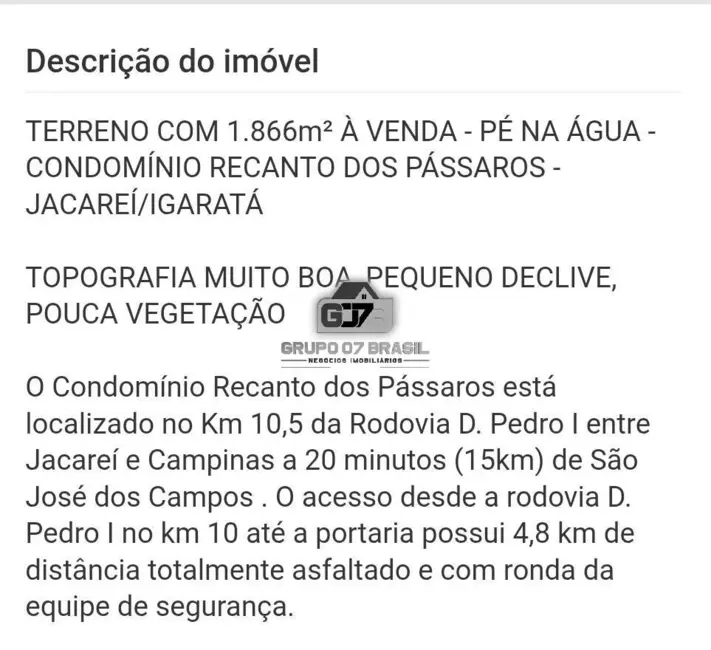 Foto 2 de Lote de Condomínio à venda, 1866m2 em Chácaras Condomínio Recanto Pássaros II, Jacarei - SP