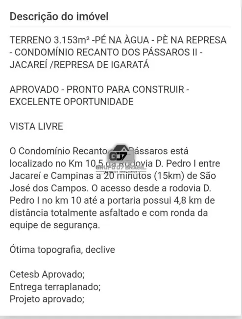Foto 7 de Lote de Condomínio à venda, 3153m2 em Chácaras Condomínio Recanto Pássaros II, Jacarei - SP