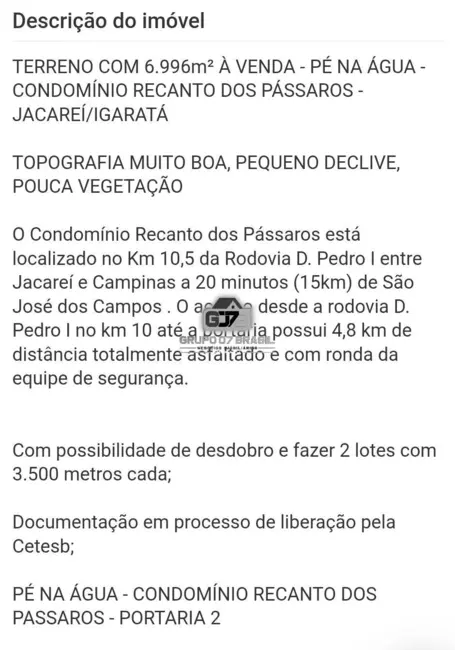 Foto 2 de Lote de Condomínio à venda, 6996m2 em Chácaras Condomínio Recanto Pássaros II, Jacarei - SP