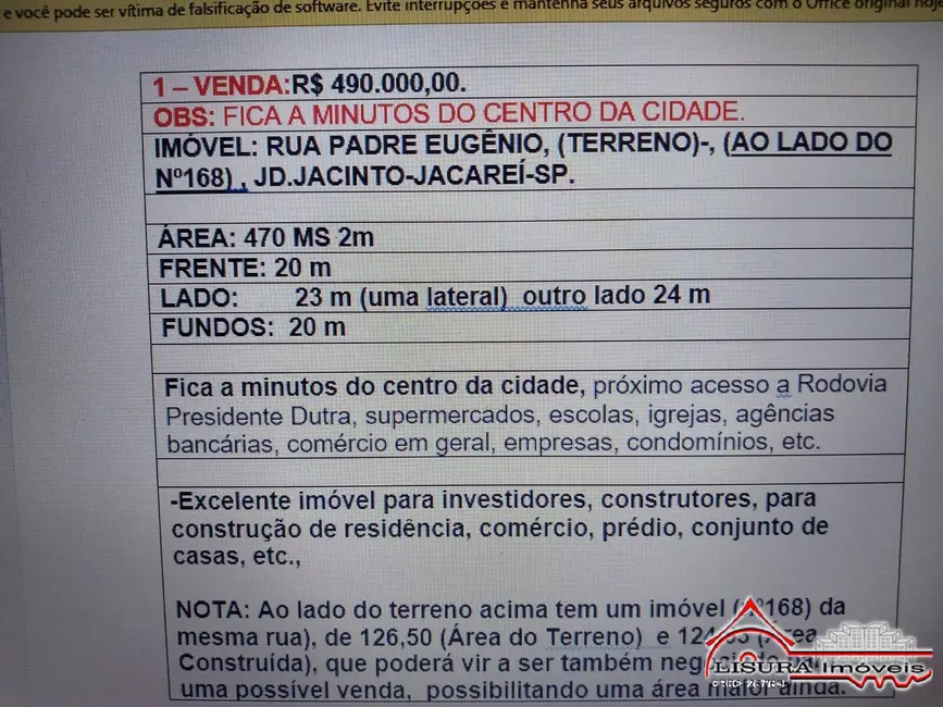 Foto 5 de Terreno / Lote à venda, 470m2 em Jardim Jacinto, Jacarei - SP