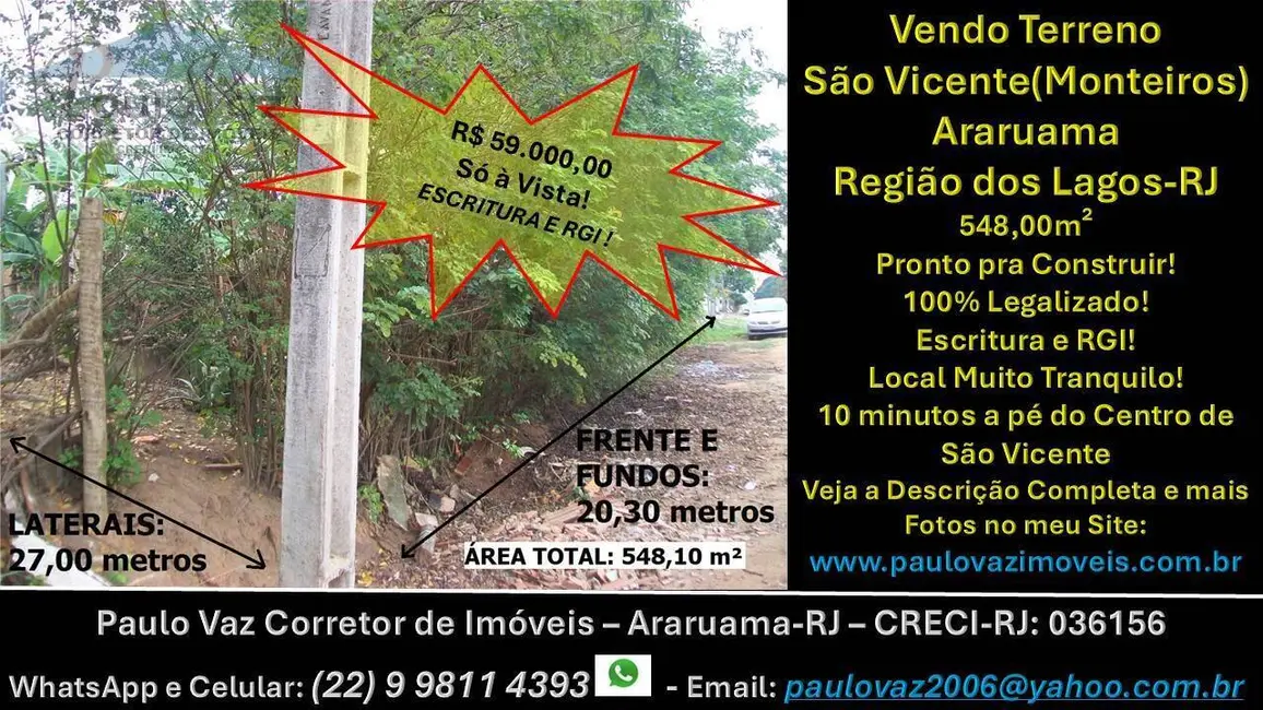 Foto 1 de Terreno / Lote à venda, 548m2 em Araruama - RJ