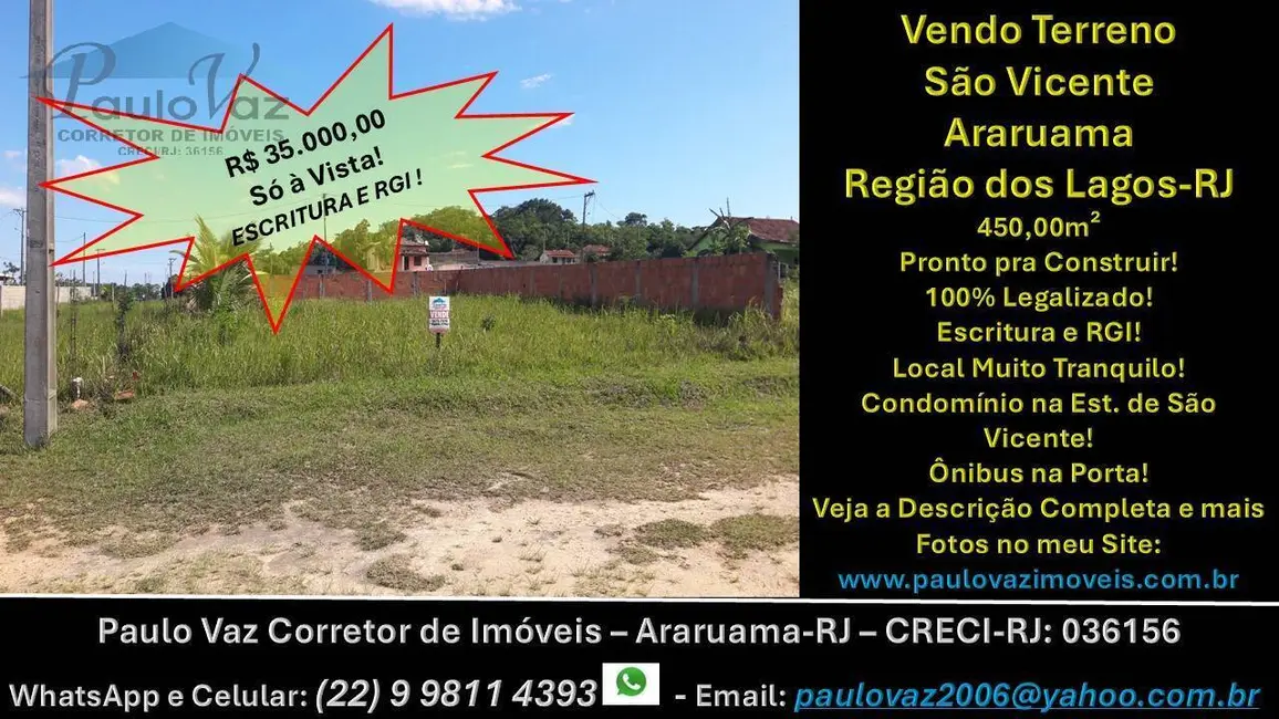 Foto 1 de Terreno / Lote à venda, 450m2 em Araruama - RJ