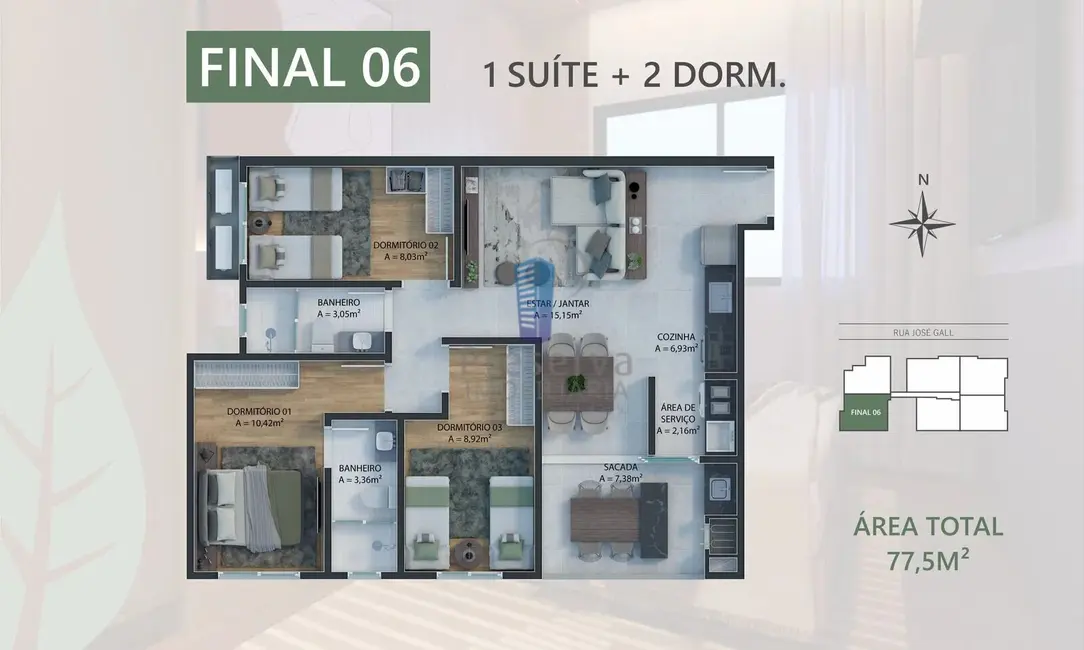 Foto 2 de Apartamento com 3 quartos à venda, 77m2 em Dom Bosco, Itajai - SC