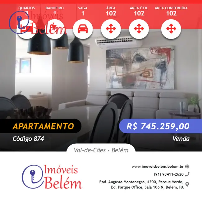 Foto 1 de Apartamento com 3 quartos à venda, 102m2 em Val-de-Cães, Belem - PA