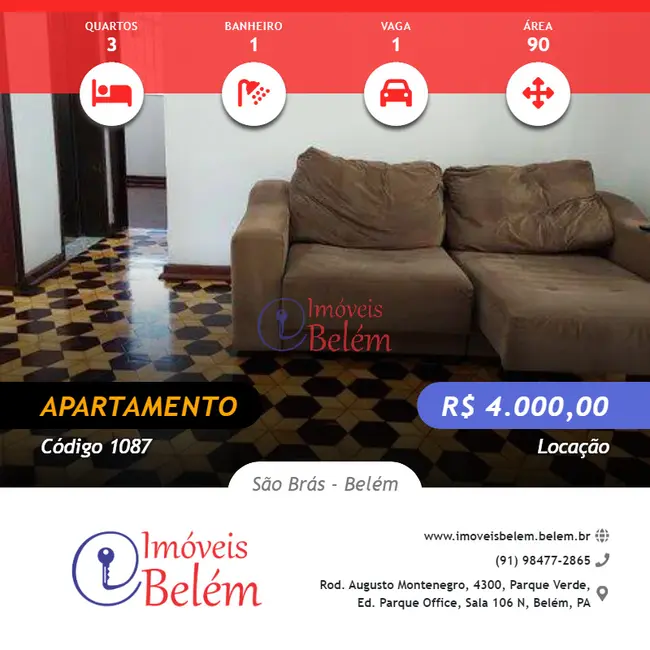 Foto 1 de Apartamento com 3 quartos para alugar, 90m2 em São Brás, Belem - PA