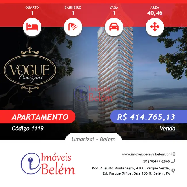 Foto 1 de Apartamento com 1 quarto à venda, 40m2 em Umarizal, Belem - PA