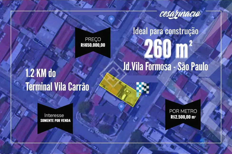 Foto 1 de Terreno / Lote com 2 quartos à venda, 260m2 em Jardim Vila Formosa, São Paulo - SP