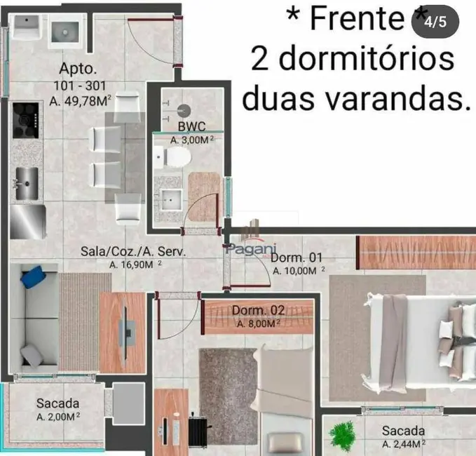 Foto 4 de Apartamento com 2 quartos à venda, 51m2 em Nova Palhoça, Palhoca - SC