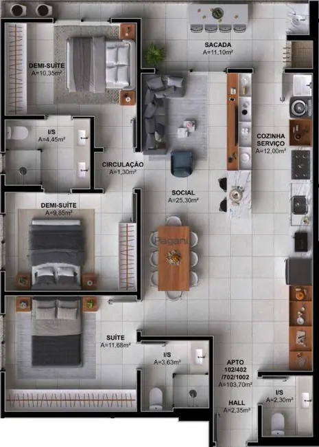Foto 8 de Apartamento com 3 quartos à venda, 70m2 em Palhoca - SC