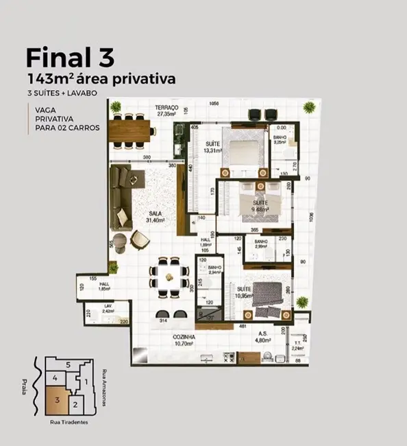 Foto 2 de Apartamento com 3 quartos à venda, 143m2 em Canto do Forte, Praia Grande - SP