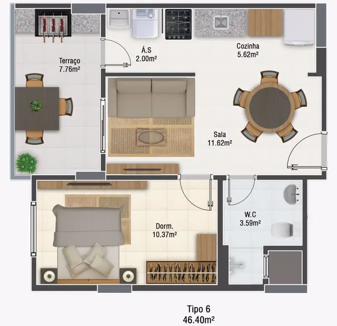 Apartamento com 1 quarto à venda, 46m2 em Mirim, Praia Grande - SP - imagem 7 Foto 7 de Apartamento com 1 quarto à venda, 46m2 em Mirim, Praia Grande - SP