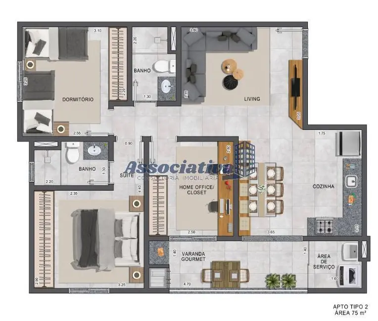 Foto 3 de Apartamento com 2 quartos à venda, 75m2 em Vila São José, Taubate - SP