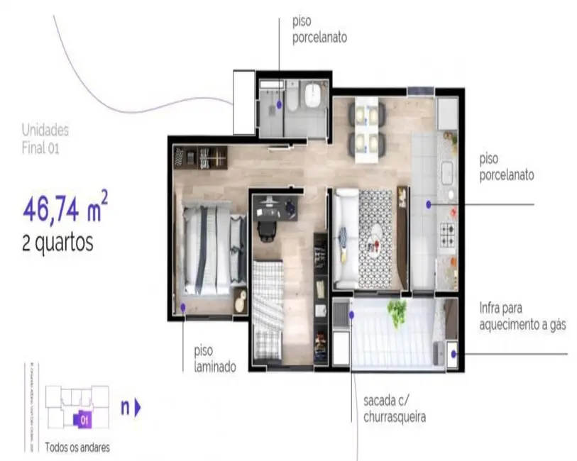 Foto 3 de Apartamento com 2 quartos à venda, 47m2 em Novo Mundo, Curitiba - PR