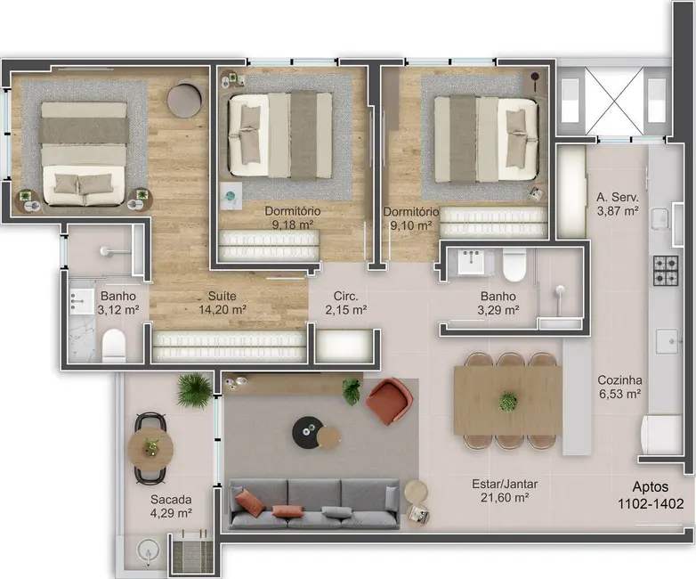 Apartamento com 3 quartos à venda, 89m2 em Kobrasol, Sao Jose - SC - imagem 5 Foto 5 de Apartamento com 3 quartos à venda, 89m2 em Kobrasol, Sao Jose - SC