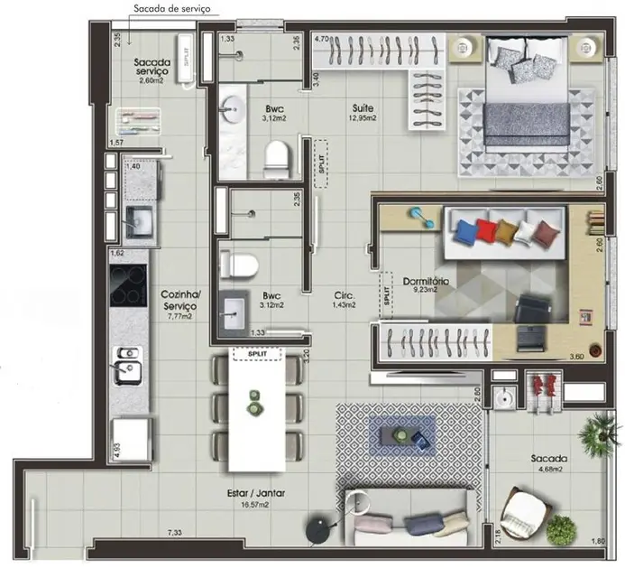 Foto 3 de Apartamento com 2 quartos à venda, 69m2 em Campinas, Sao Jose - SC