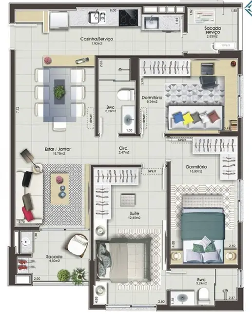 Foto 2 de Apartamento com 3 quartos à venda, 84m2 em Campinas, Sao Jose - SC